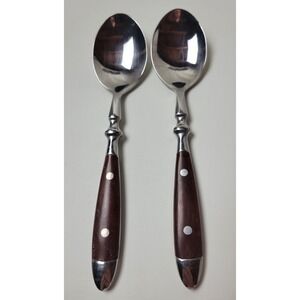 2 Chefs Bistro Place Oval Soup Spoons Woodgrain Brown 18/8 Stainless Steel